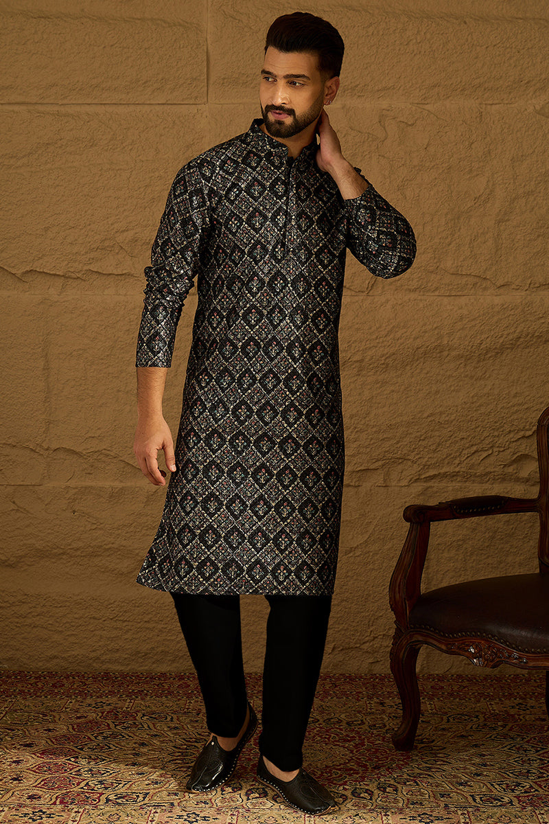 Black Viscose Rayon Geometric Printed Straight Kurta with Trouser MKSET1608