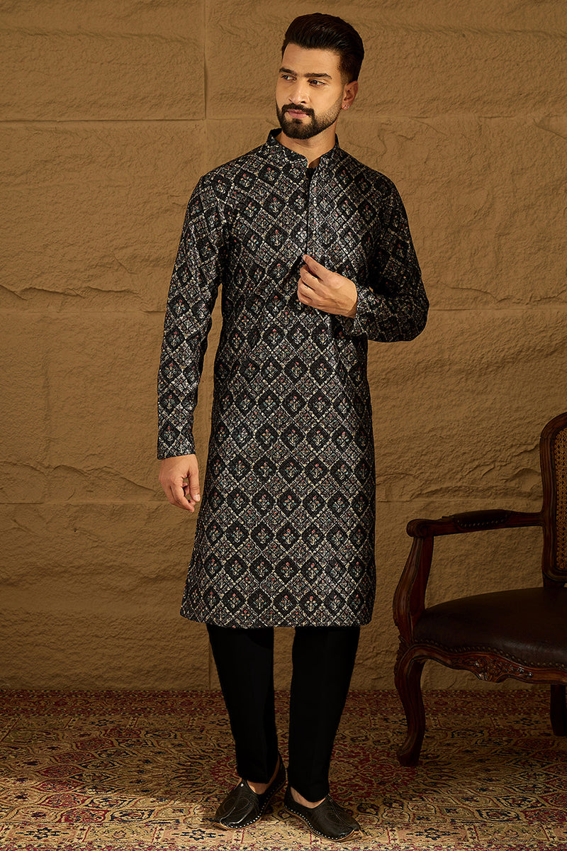 Black Viscose Rayon Geometric Printed Straight Kurta with Trouser MKSET1608