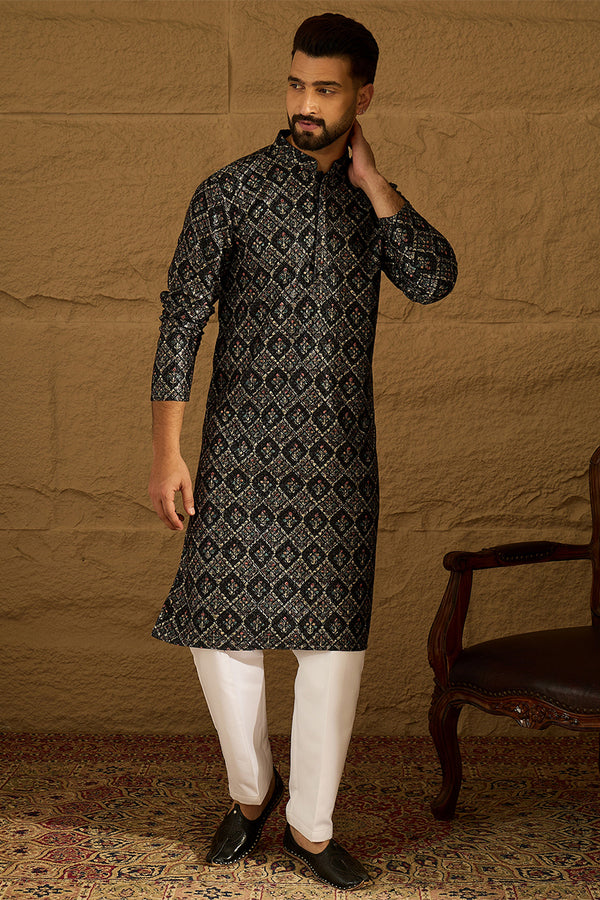 Black Viscose Rayon Geometric Printed Straight Kurta MKU1608