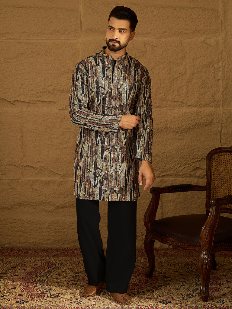 Black Viscose Rayon Abstract Printed Straight Kurta with Trouser MKSET1610