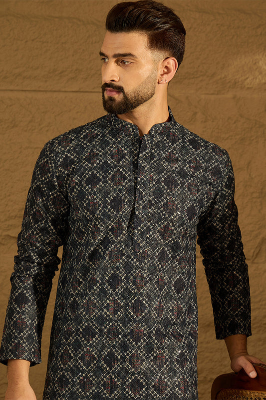 Black Cotton Solid Embroidered Straight Kurta with Trouser MKSET1611