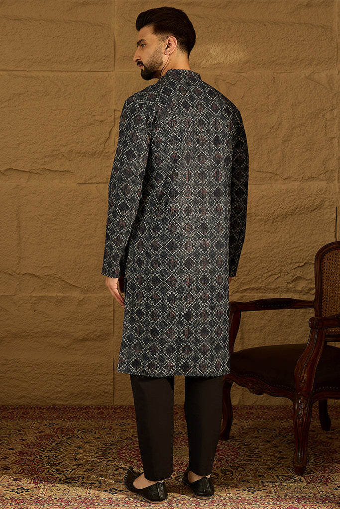Black Cotton Solid Embroidered Straight Kurta with Trouser MKSET1611