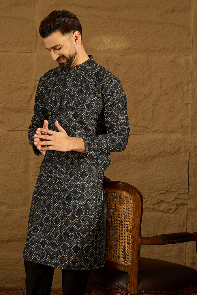 Black Cotton Solid Embroidered Straight Kurta with Trouser MKSET1611