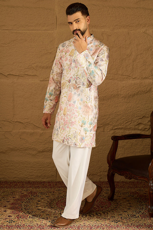 Off White Viscose Rayon Floral Printed Straight Kurta MKU1612