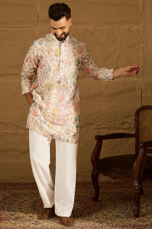Off White Viscose Rayon Floral Printed Straight Kurta with Trouser MKSET1612