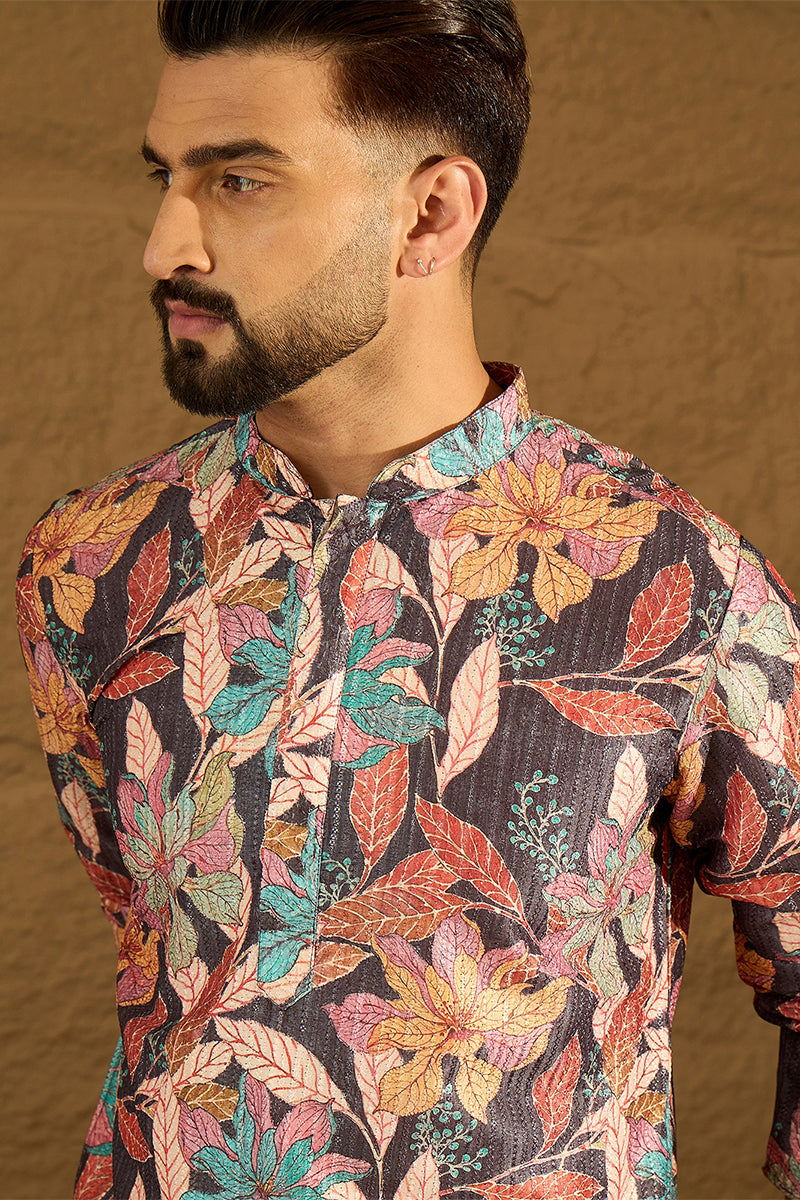 Grey Silk Blend Floral Printed Straight Kurta with Trouser MKSET1613