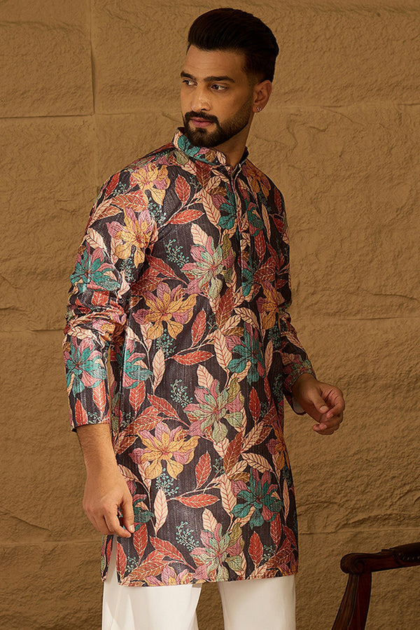 Grey Silk Blend Floral Printed Straight Kurta MKU1613