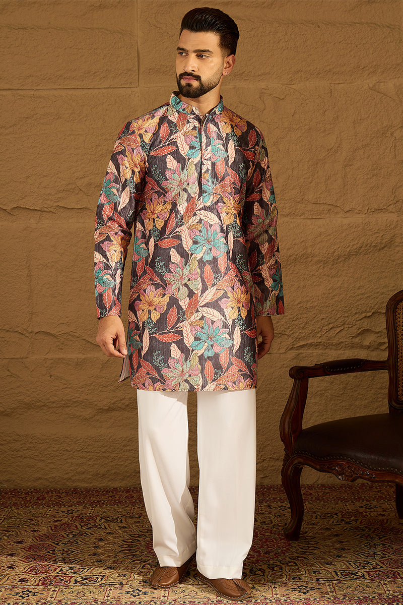 Grey Silk Blend Floral Printed Straight Kurta with Trouser MKSET1613