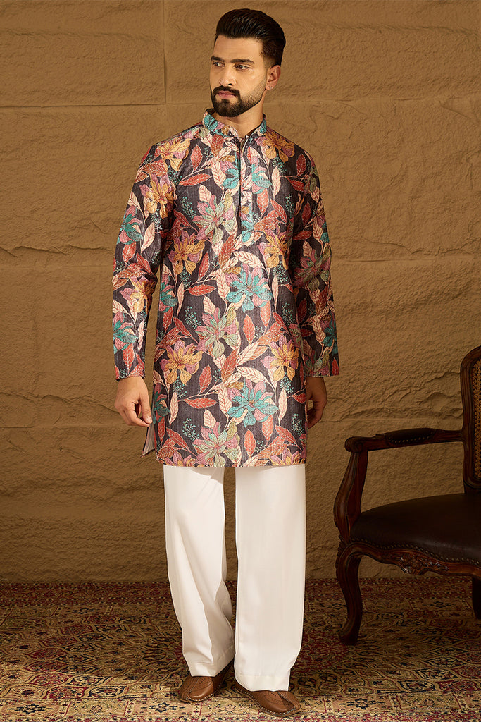 Grey Silk Blend Floral Printed Straight Kurta with Trouser MKSET1613