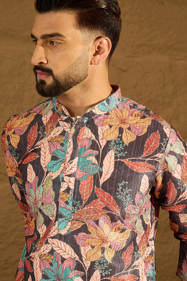 Grey Silk Blend Floral Printed Straight Kurta MKU1613