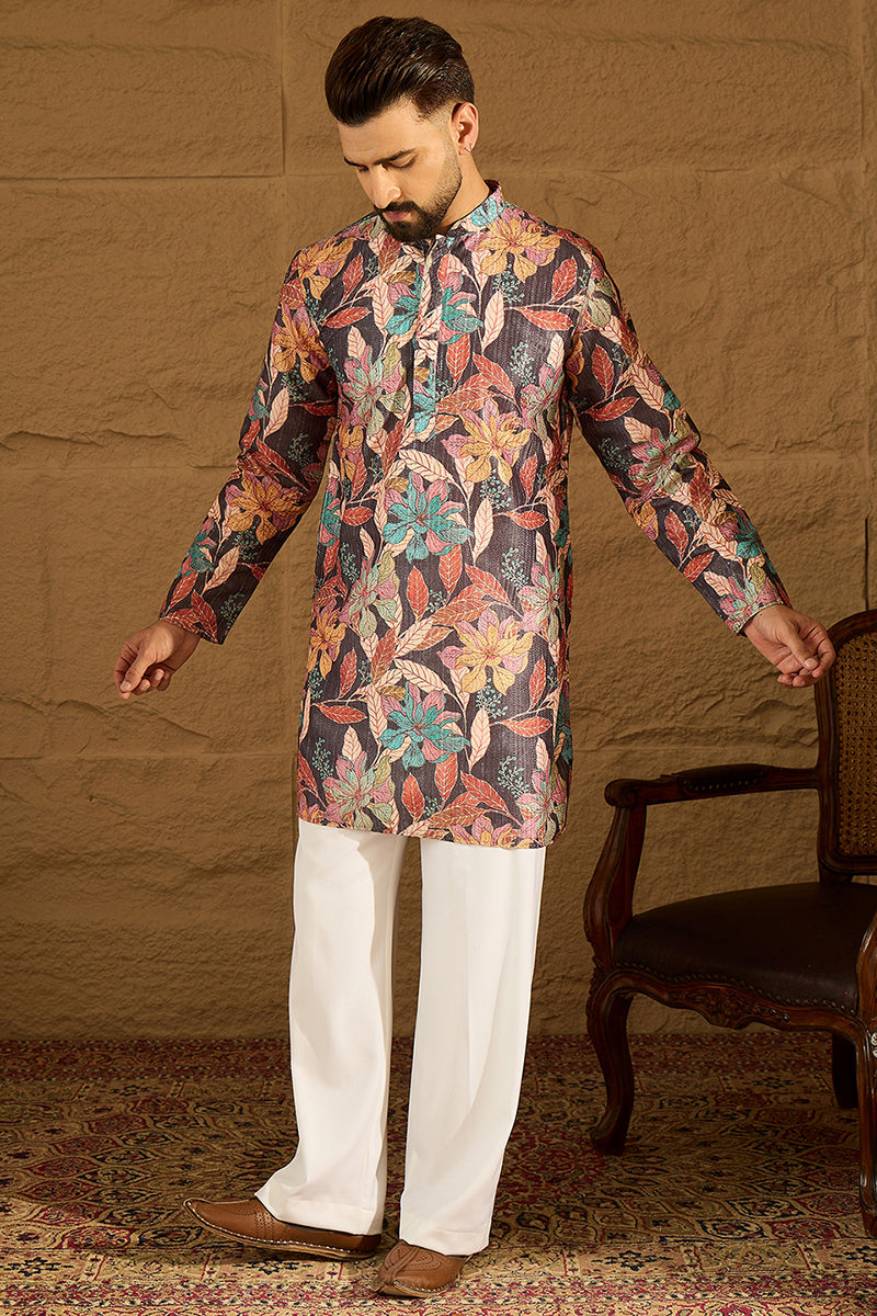 Grey Silk Blend Floral Printed Straight Kurta MKU1613