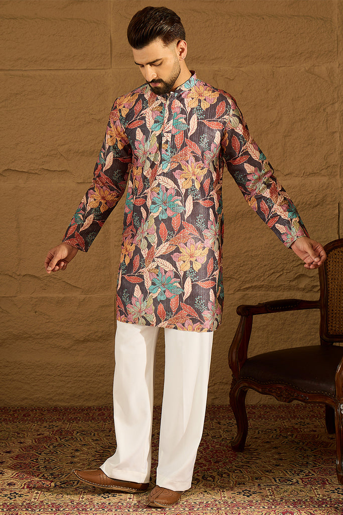 Grey Silk Blend Floral Printed Straight Kurta with Trouser MKSET1613