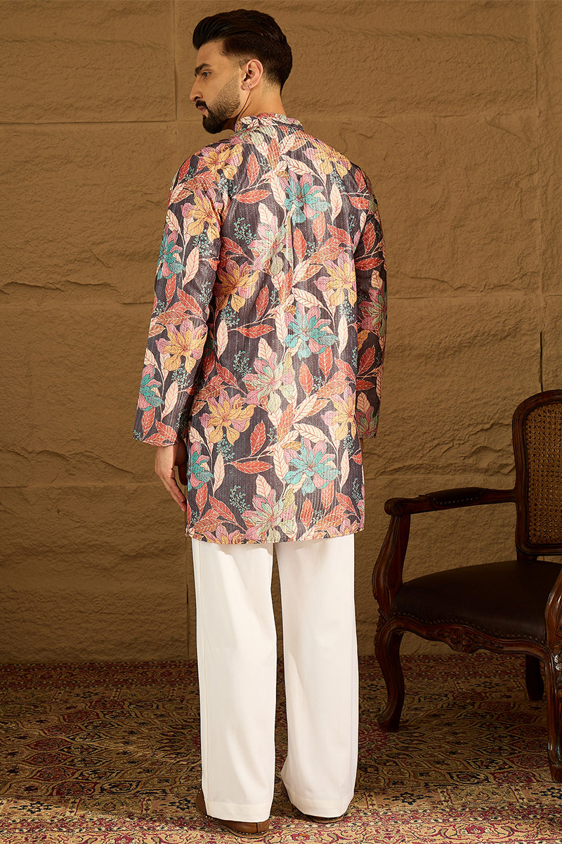 Grey Silk Blend Floral Printed Straight Kurta MKU1613