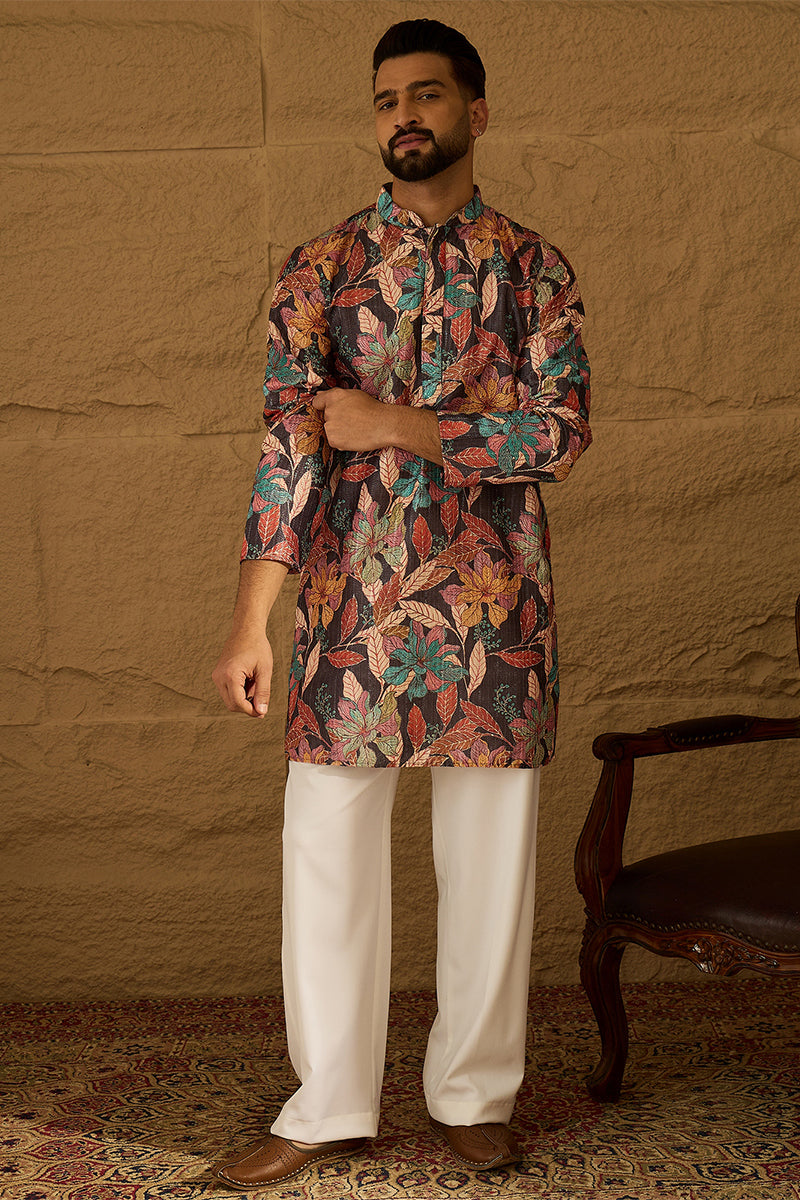 Grey Silk Blend Floral Printed Straight Kurta MKU1613