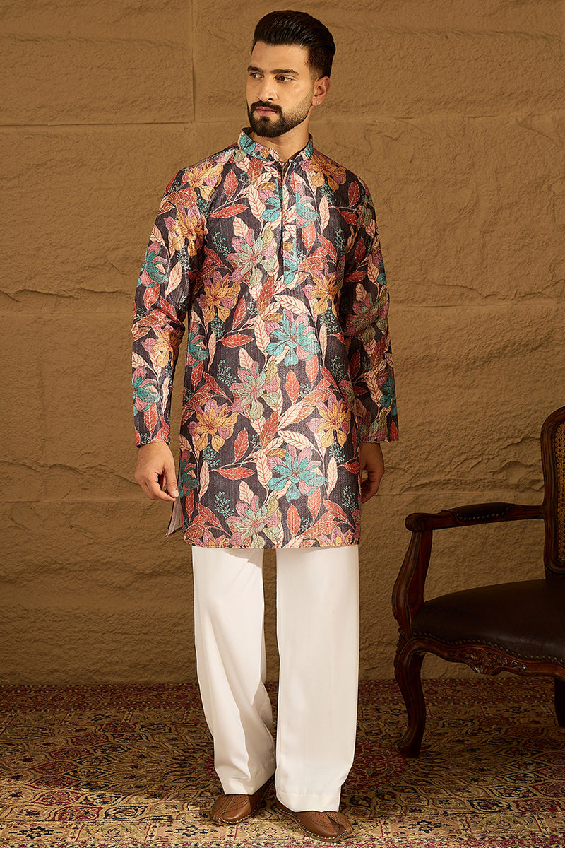 Grey Silk Blend Floral Printed Straight Kurta MKU1613