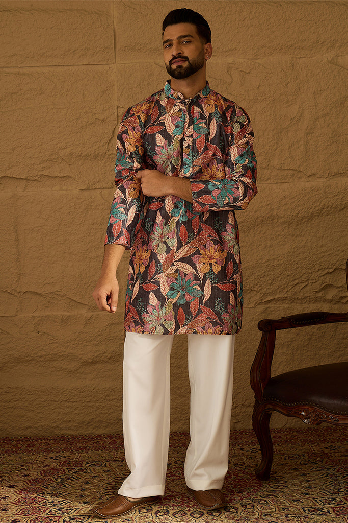 Grey Silk Blend Floral Printed Straight Kurta with Trouser MKSET1613