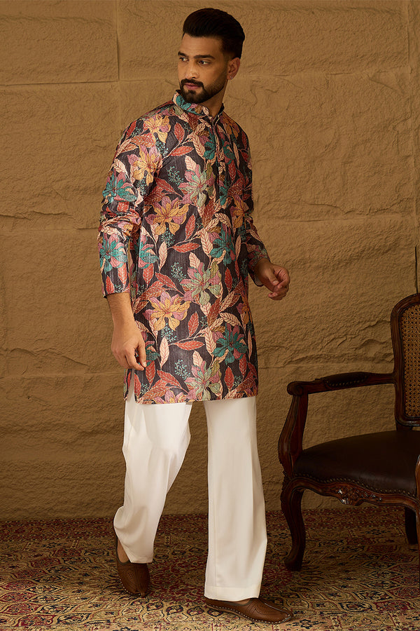 Grey Silk Blend Floral Printed Straight Kurta MKU1613