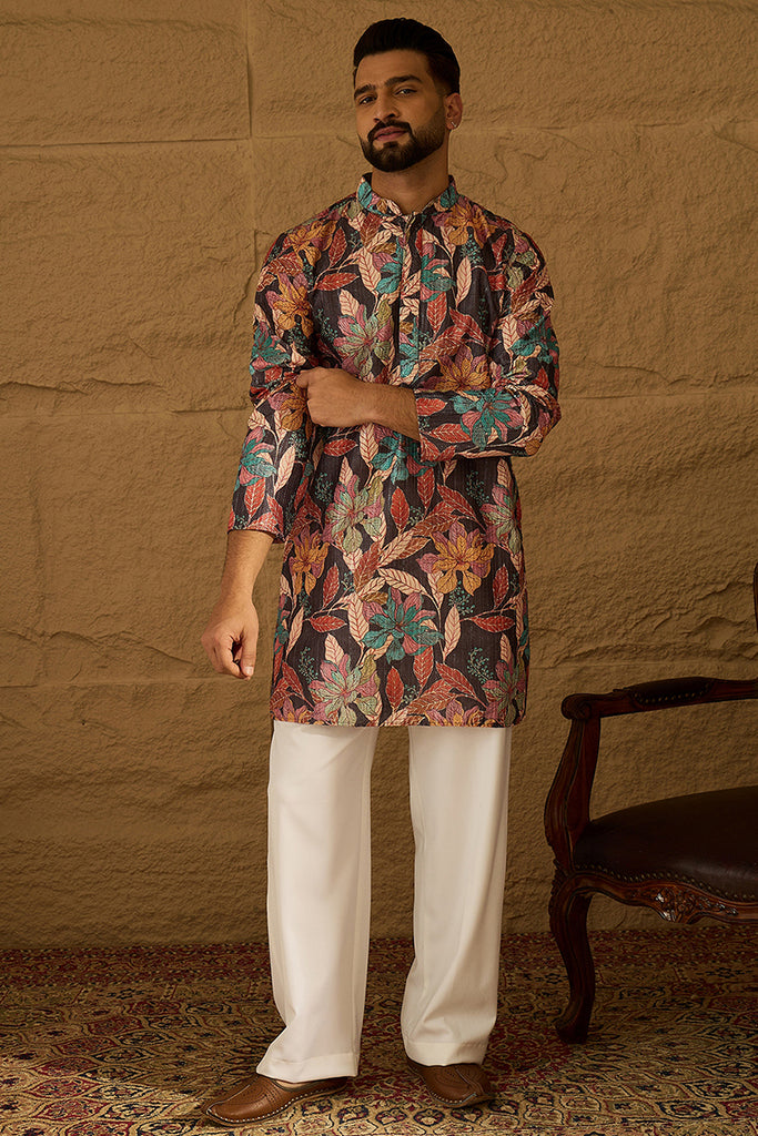 Grey Silk Blend Floral Printed Straight Kurta MKU1613