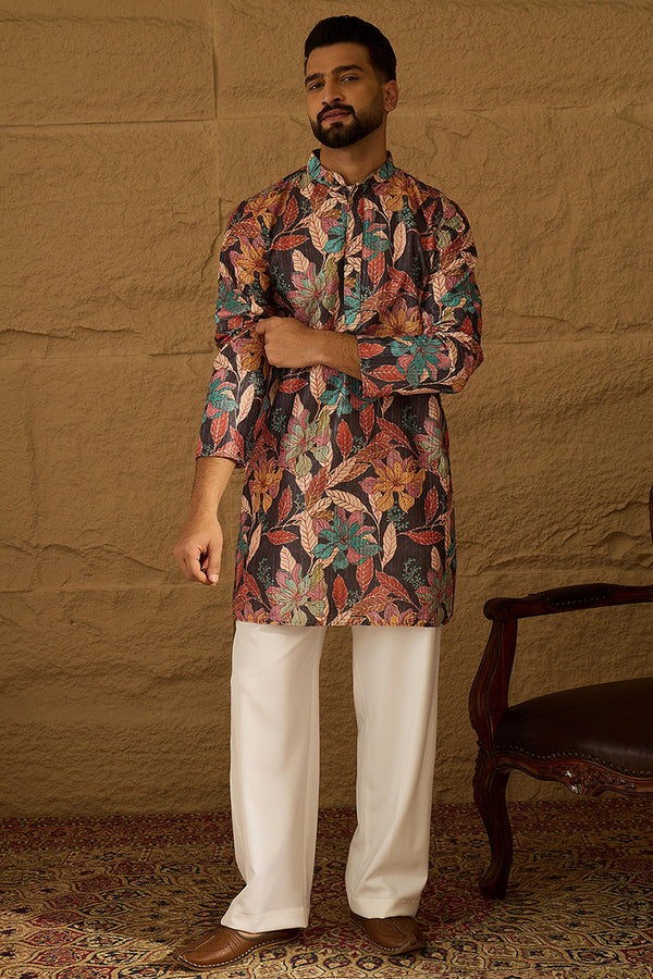 Grey Silk Blend Floral Printed Straight Kurta MKU1613
