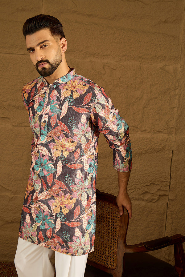 Grey Silk Blend Floral Printed Straight Kurta with Trouser MKSET1613
