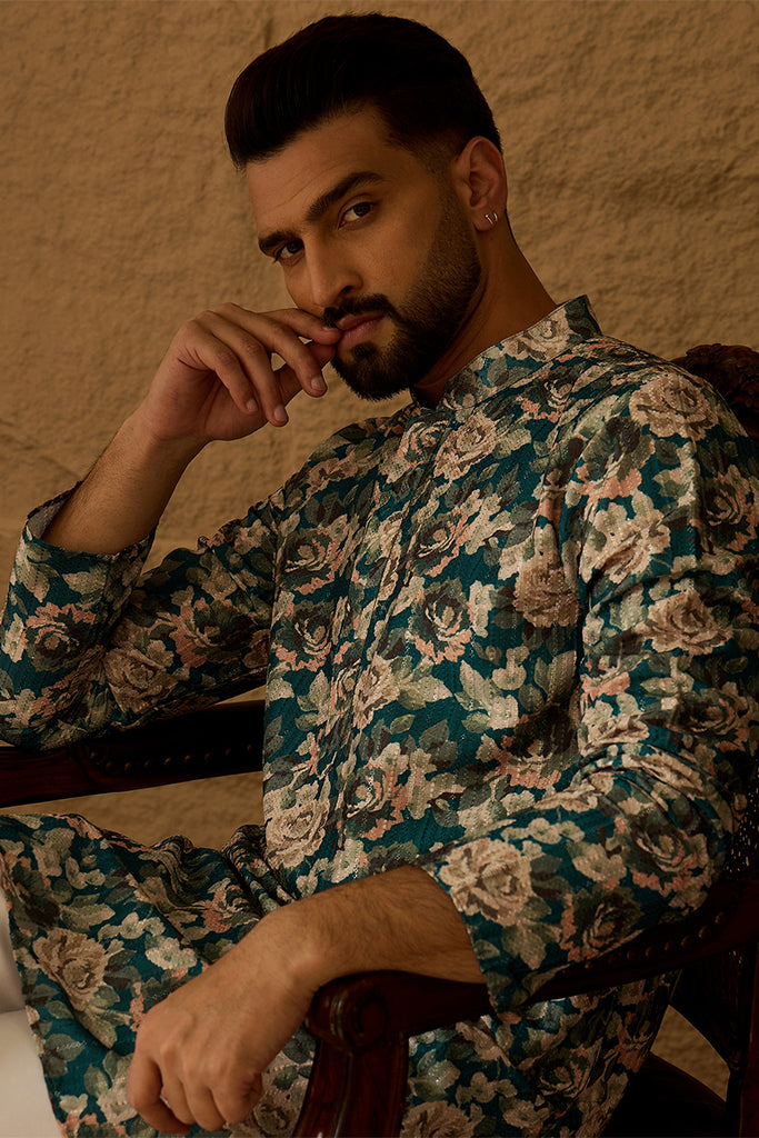 Teal Silk Blend Floral Printed Straight Kurta MKU1614