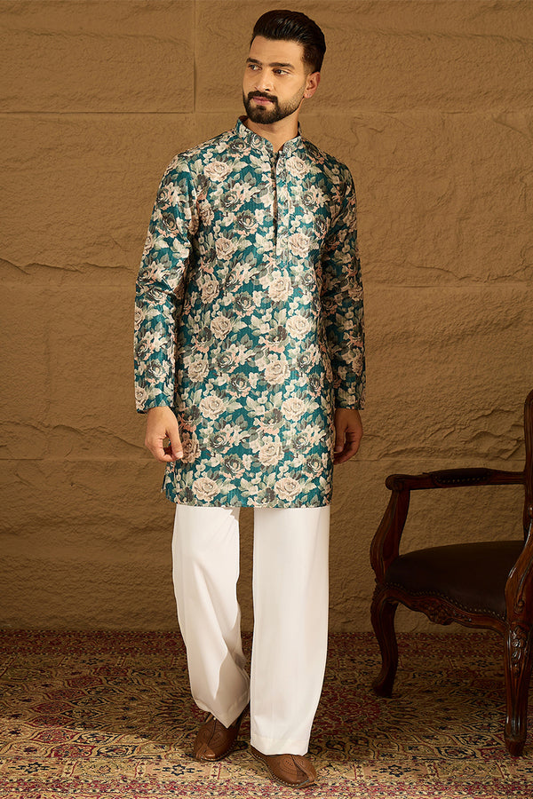Teal Silk Blend Floral Printed Straight Kurta with Trouser MKSET1614