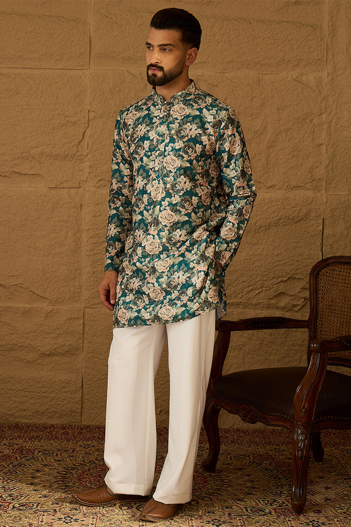 Teal Silk Blend Floral Printed Straight Kurta with Trouser MKSET1614
