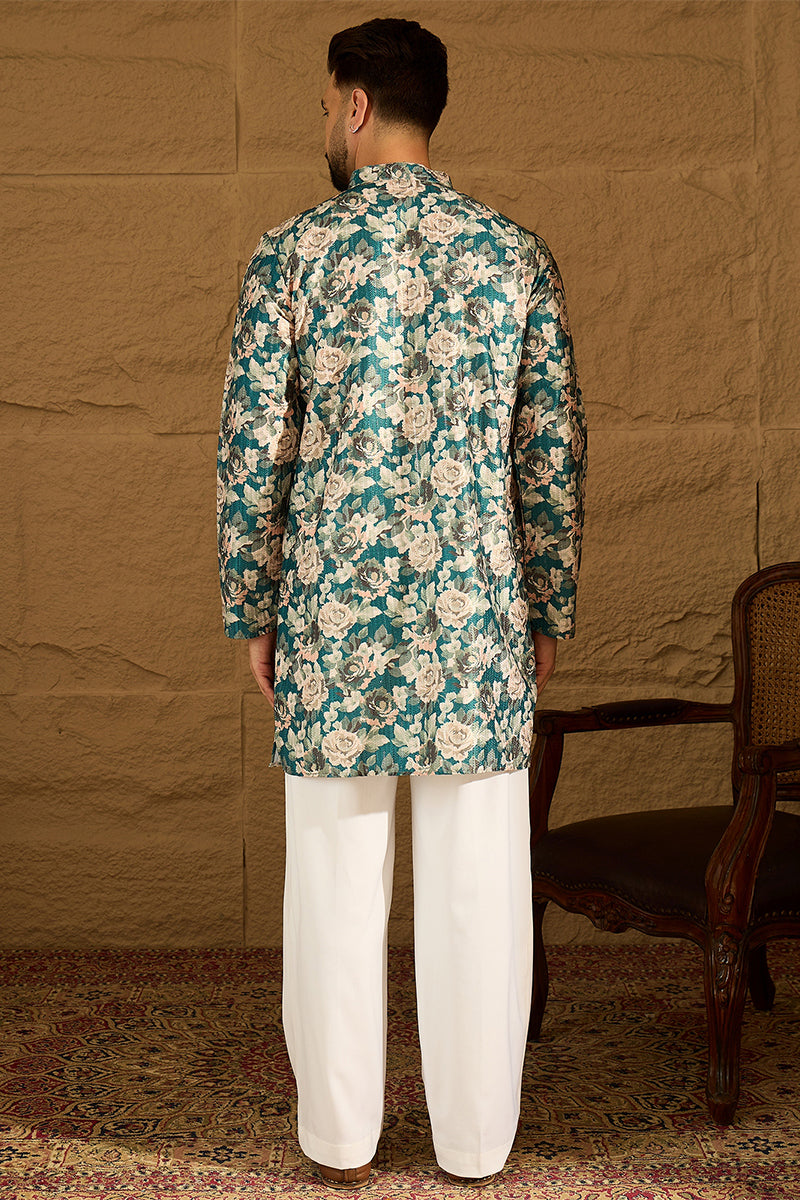 Teal Silk Blend Floral Printed Straight Kurta with Trouser MKSET1614
