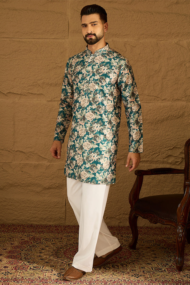 Teal Silk Blend Floral Printed Straight Kurta with Trouser MKSET1614