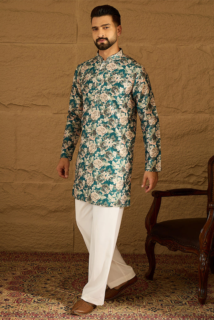 Teal Silk Blend Floral Printed Straight Kurta with Trouser MKSET1614