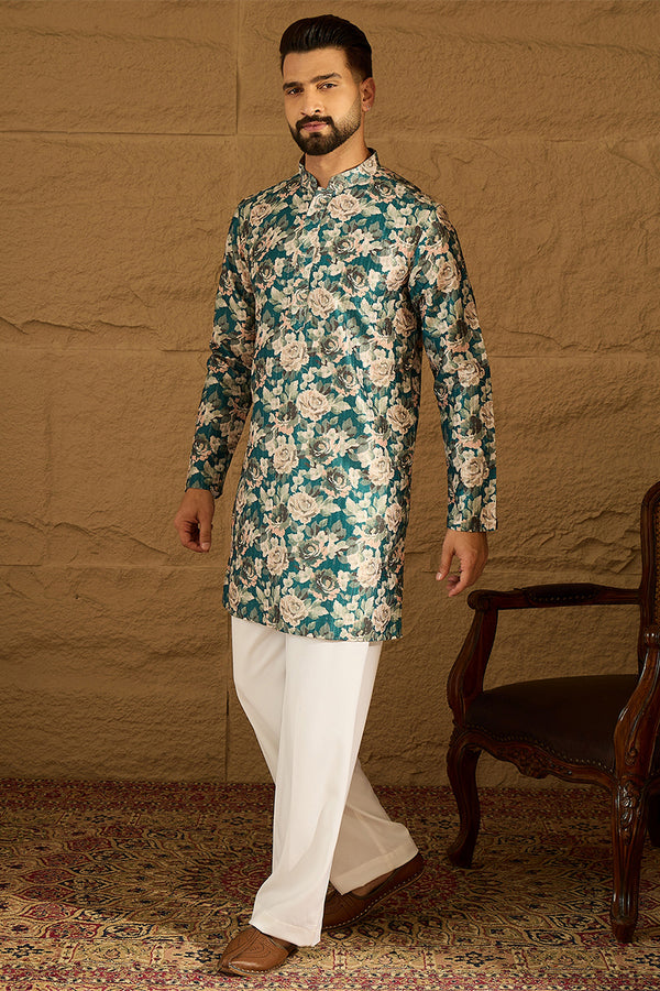 Teal Silk Blend Floral Printed Straight Kurta with Trouser MKSET1614