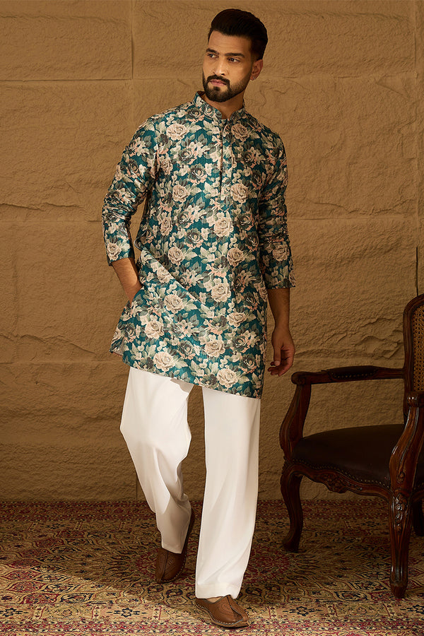 Teal Silk Blend Floral Printed Straight Kurta MKU1614