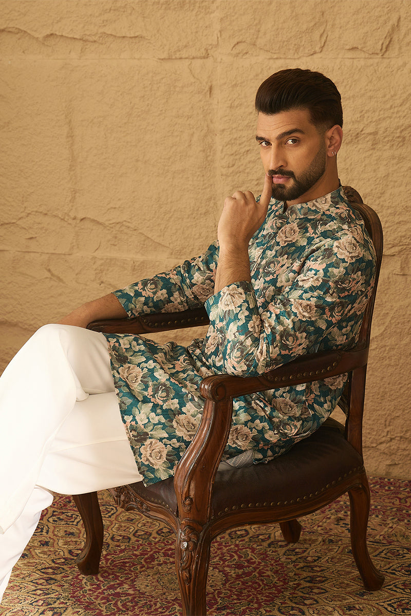 Teal Silk Blend Floral Printed Straight Kurta with Trouser MKSET1614
