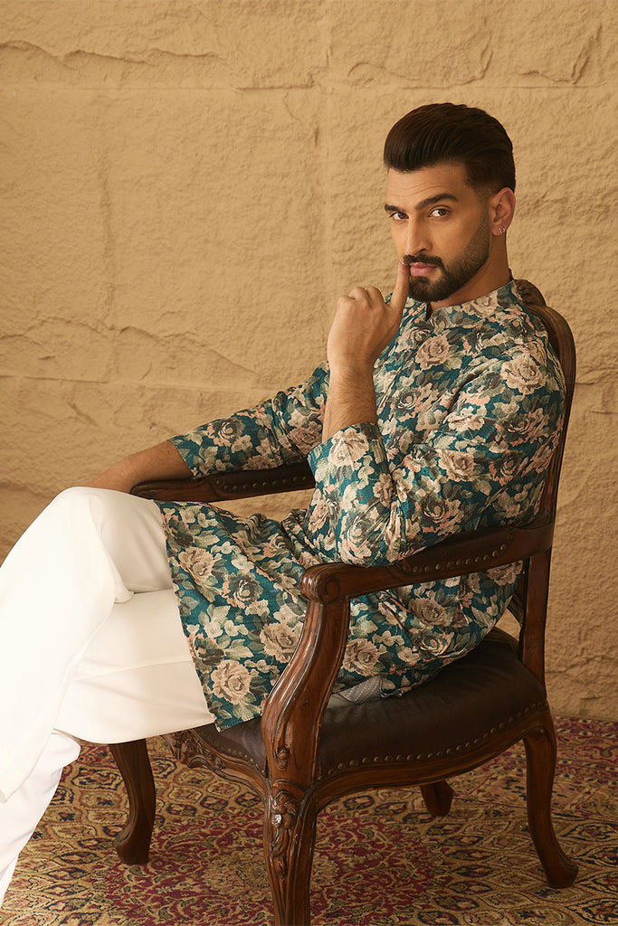 Teal Silk Blend Floral Printed Straight Kurta with Trouser MKSET1614