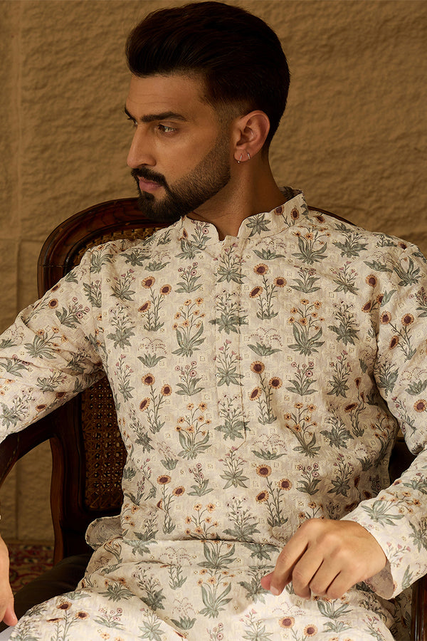 Off White Viscose Rayon Floral Printed Straight Kurta with Trouser MKSET1615