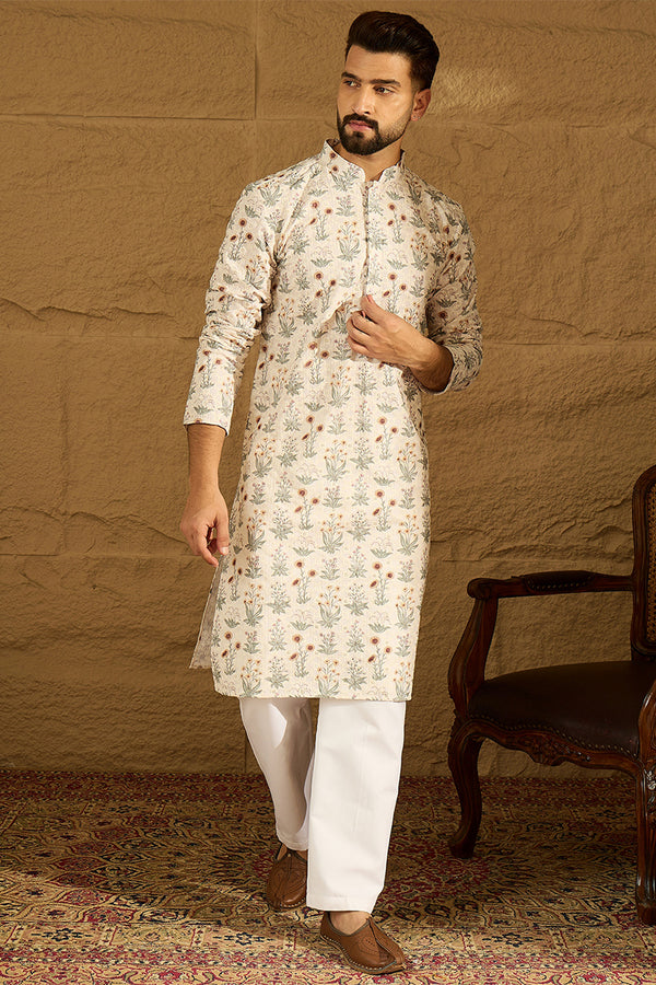 Off White Viscose Rayon Floral Printed Straight Kurta MKU1615