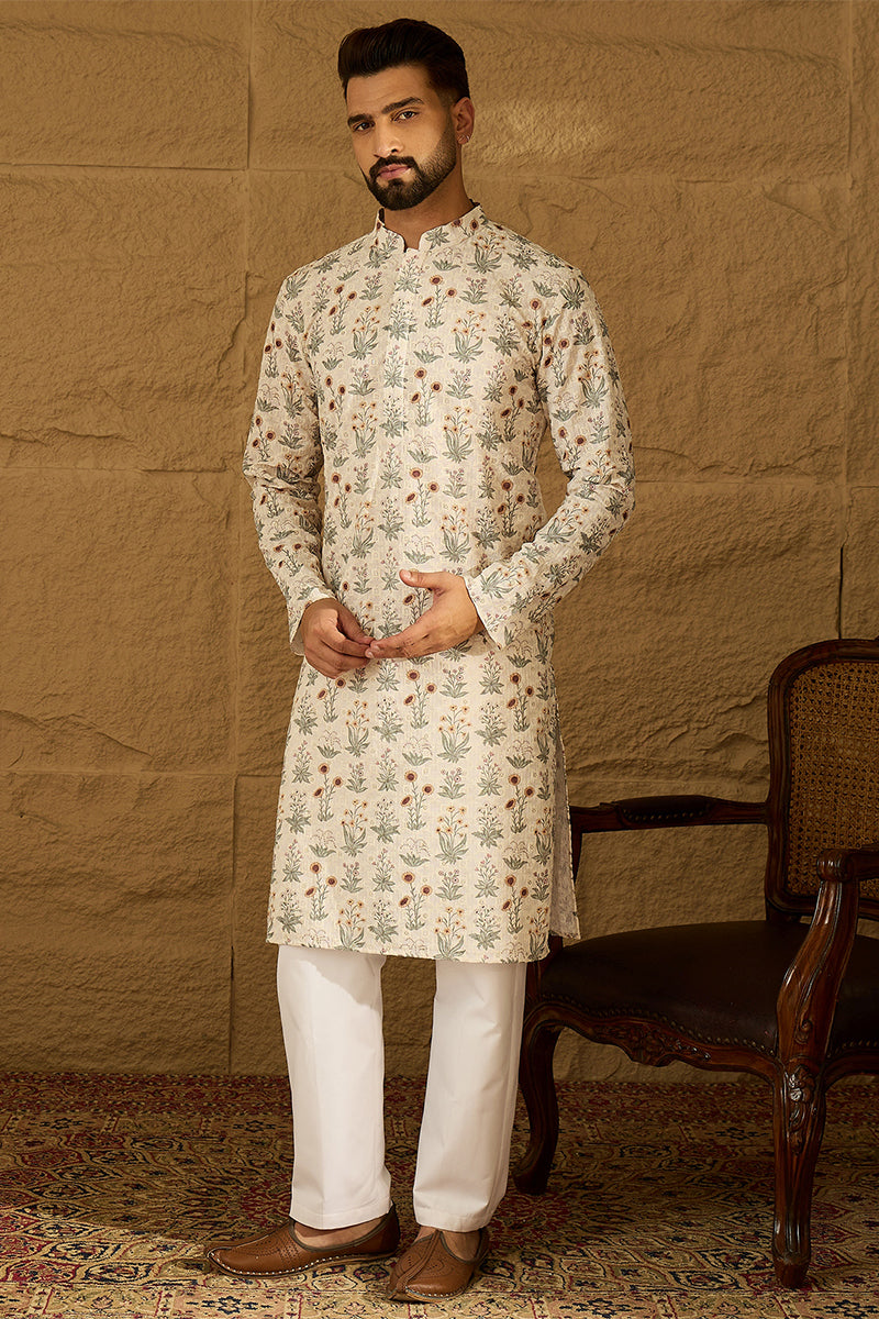 Off White Viscose Rayon Floral Printed Straight Kurta MKU1615