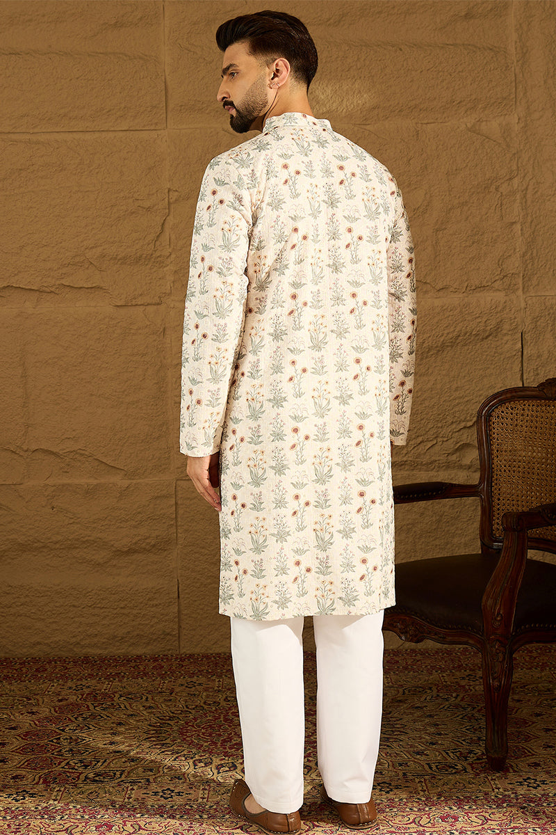 Off White Viscose Rayon Floral Printed Straight Kurta with Trouser MKSET1615