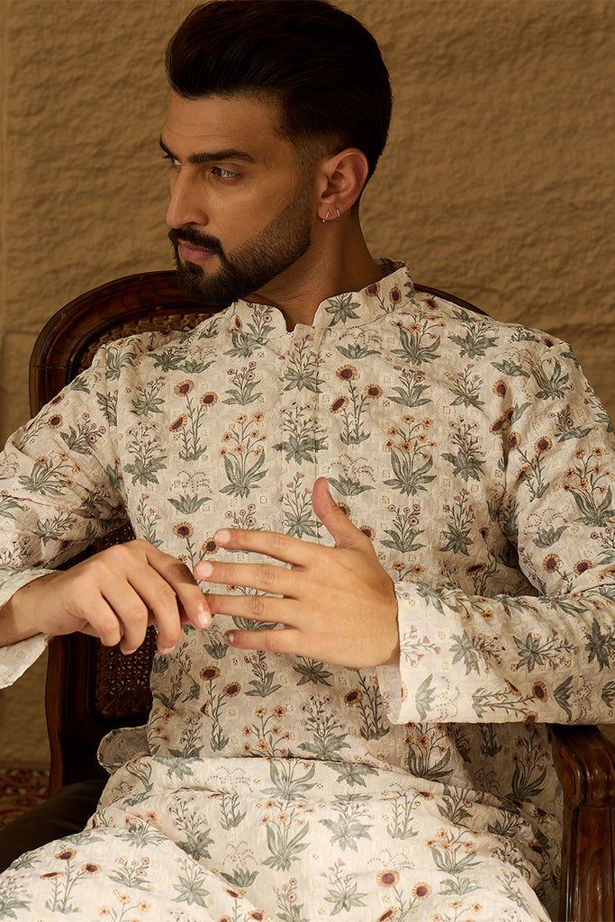 Off White Viscose Rayon Floral Printed Straight Kurta with Trouser MKSET1615
