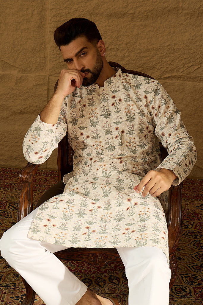 Off White Viscose Rayon Floral Printed Straight Kurta with Trouser MKSET1615