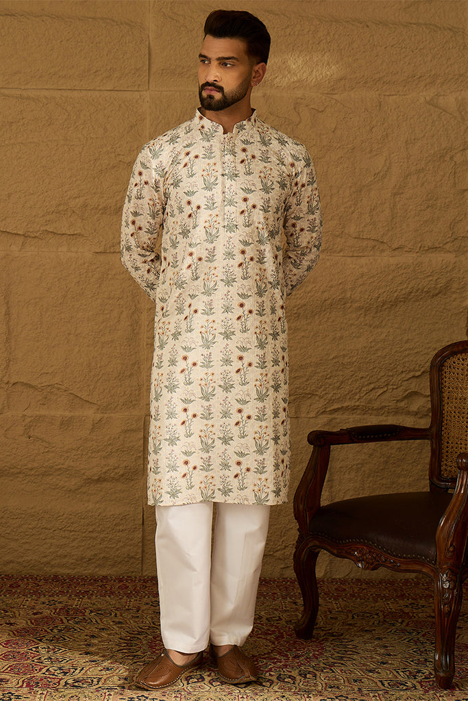 Off White Viscose Rayon Floral Printed Straight Kurta with Trouser MKSET1615