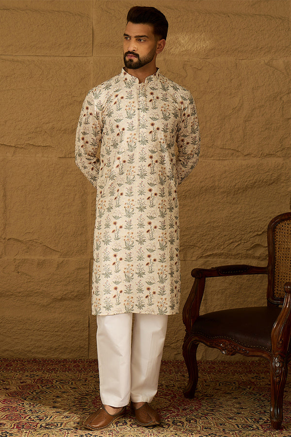 Off White Viscose Rayon Floral Printed Straight Kurta with Trouser MKSET1615