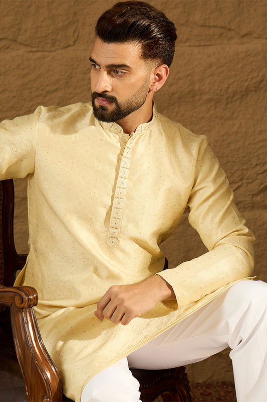 Beige Silk Blend Solid Printed Straight Kurta with Trouser MKSET1650