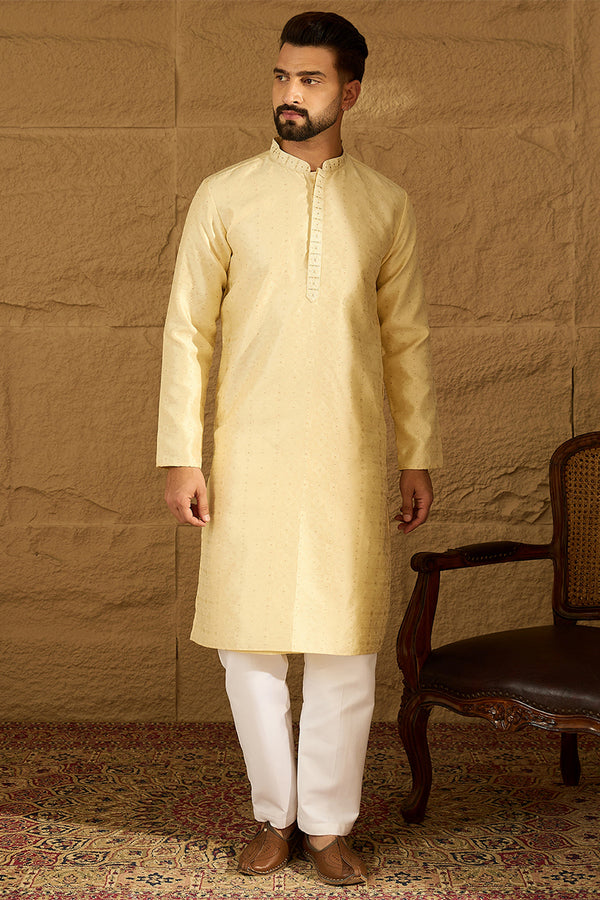 Beige Silk Blend Solid Printed Straight Kurta with Trouser MKSET1650
