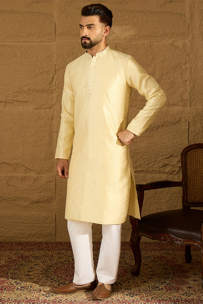 Beige Silk Blend Solid Printed Straight Kurta MKU1650