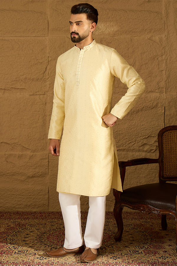 Beige Silk Blend Solid Printed Straight Kurta MKU1650