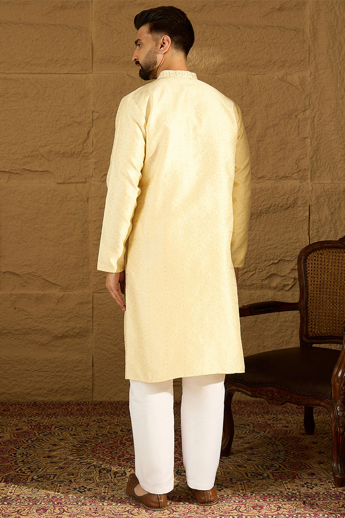 Beige Silk Blend Solid Printed Straight Kurta with Trouser MKSET1650