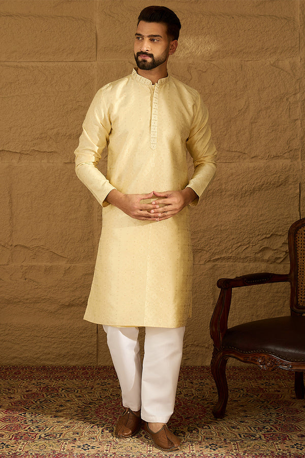 Beige Silk Blend Solid Printed Straight Kurta with Trouser MKSET1650