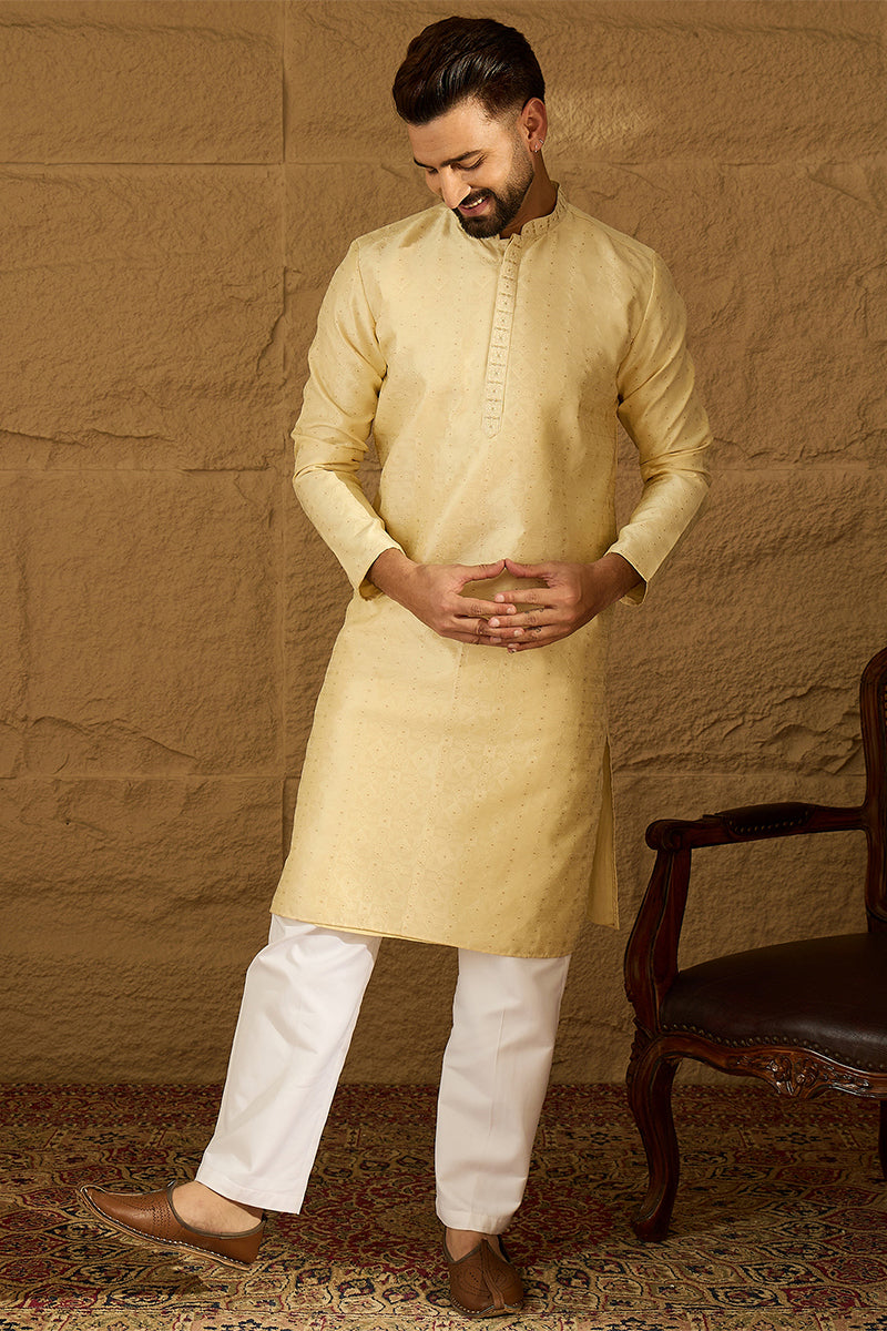 Beige Silk Blend Solid Printed Straight Kurta with Trouser MKSET1650