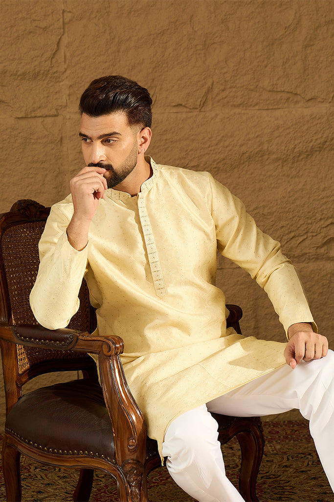Beige Silk Blend Solid Printed Straight Kurta with Trouser MKSET1650